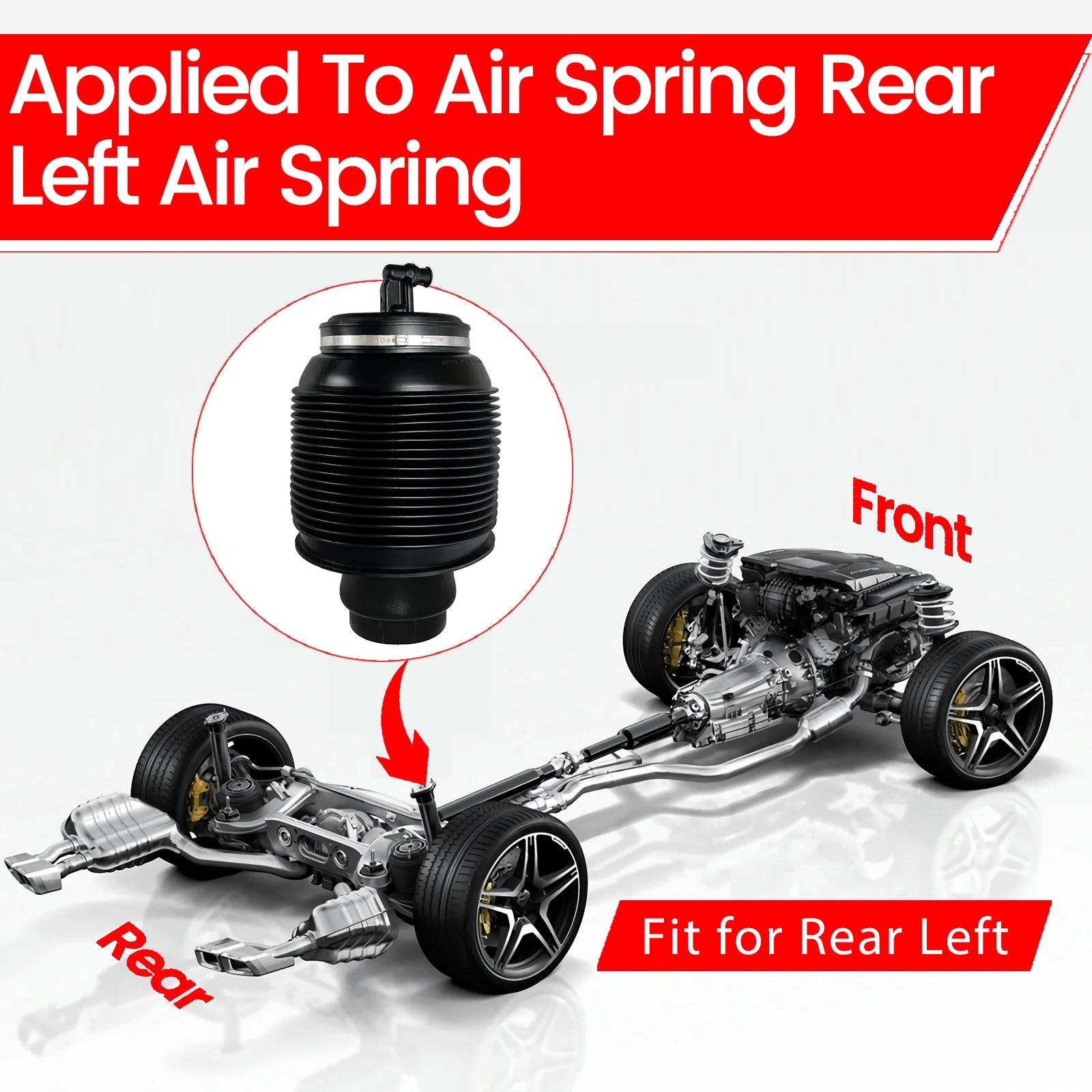 A rear left air spring shown separately and highlighted within a car chassis diagram