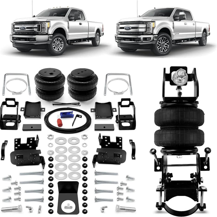 Comparison of Ford F-Series pickup trucks showing before and after air ride suspension installation, demonstrating ride height differences