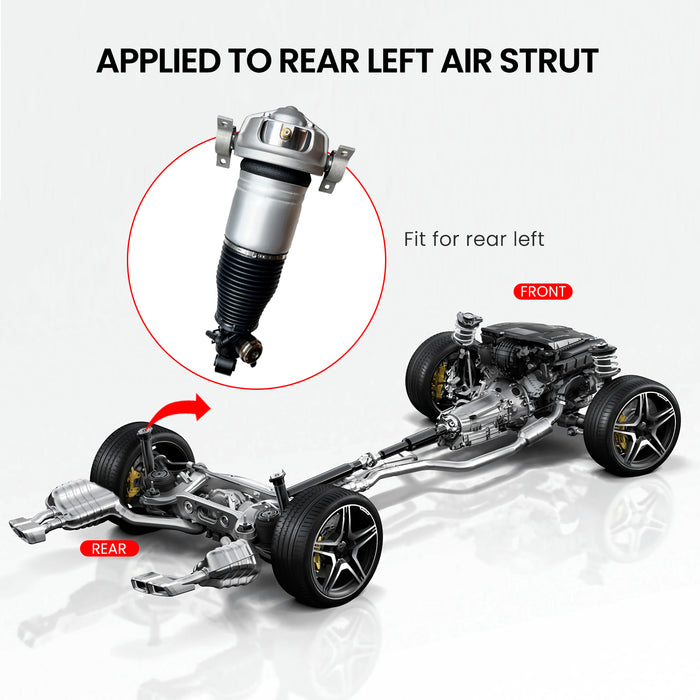 Rear left air strut assembly diagram with component highlights and installation guide.