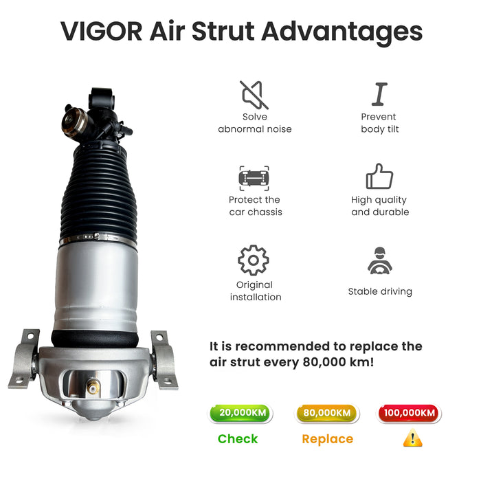 VIGOR air strut highlighting advantages, including noise reduction and replacement guidelines.