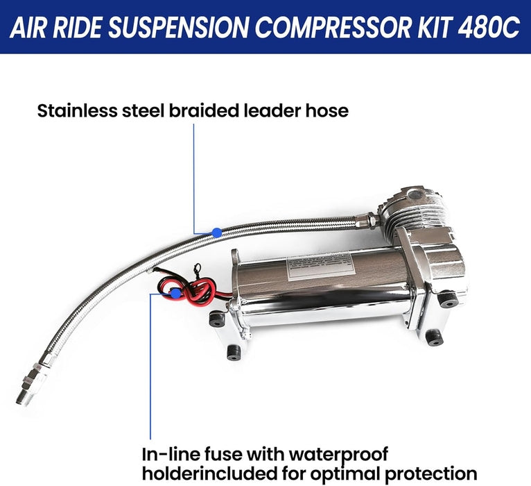 480C Air Ride Suspension Compressor Kit with 3/8" NPT Inlet – 200 PSI Max Pressure for Car Horns, Air Suspension, Vehicle & Motorcycle Tires, Air Tools