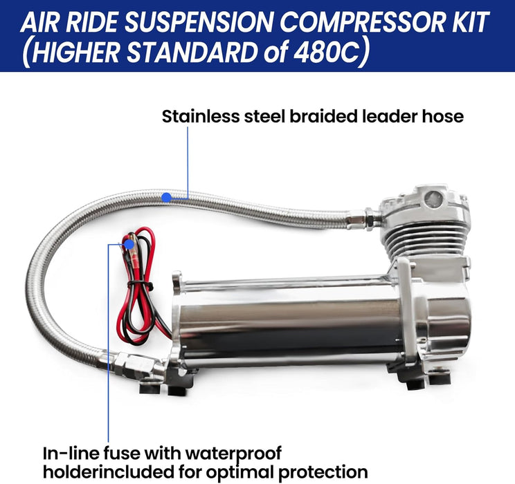 High-Standard 480C Air Ride Suspension Compressor Kit with 3/8" NPT Intake Port – Ideal for Car Horns, Air Suspension, Vehicle & Motorcycle Tires, Air Tools