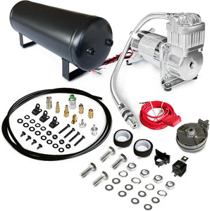 P/N10003 Air Ride Suspension Compressor Kit with 2.5 Gallon Air Tank, 325C Compressor, 40 Amp Relay, and 8ft Hose – Ideal for Car Horns, Air Suspension, Vehicle Tires & Air Tools