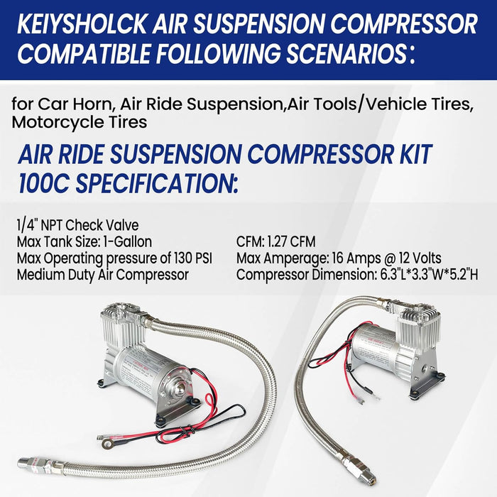 High-Performance 100C Air Ride Suspension Compressor Kit with 1/4" NPT Check Valve – Fits Car Horns, Air Suspension, Vehicle & Motorcycle Tires, Air Tools