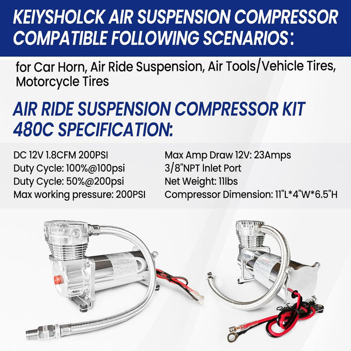 480C Air Ride Suspension Compressor Kit with 3/8" NPT Inlet – 200 PSI Max Pressure for Car Horns, Air Suspension, Vehicle & Motorcycle Tires, Air Tools