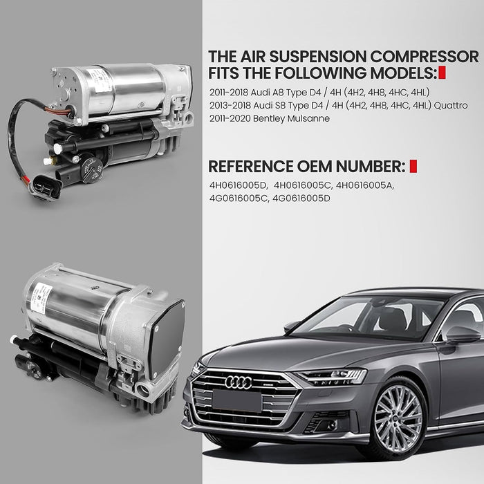 VIGOR Air Suspension Compressor Pump Compatible with 2011-2018 Audi A8/S8 D4-4H and 2011-2020 Bentley Mulsannen Car, OEM Replace Part Number 4H0616005D, 4H0616005C