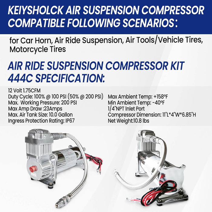 444C Air Ride Suspension Compressor Kit with 1/4" NPT Inlet – 200 PSI Max Pressure for Car Horns, Air Suspension, Vehicle & Motorcycle Tires, Air Tools