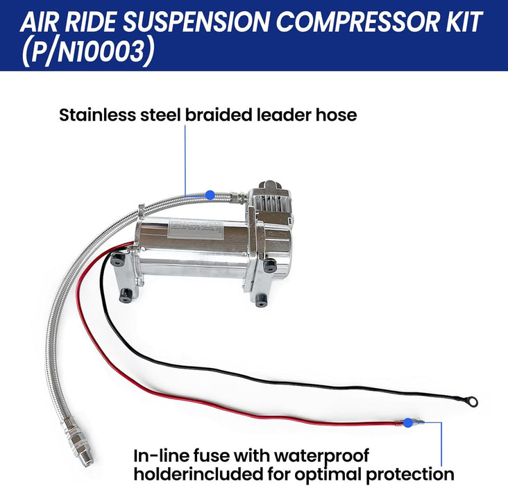 P/N10003 Air Ride Suspension Compressor Kit with 2.5 Gallon Air Tank, 325C Compressor, 40 Amp Relay, and 8ft Hose – Ideal for Car Horns, Air Suspension, Vehicle Tires & Air Tools