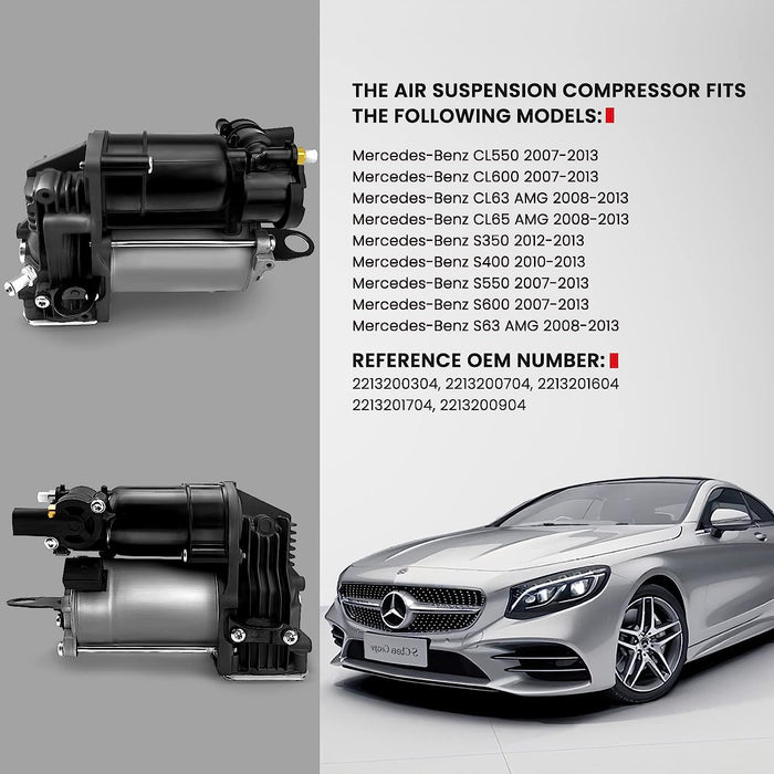 VIGOR Air Suspension Compressor Pump Compatible with Benz CL550, CL600, CL63 AMG, CL65 AMG, S350, S400, S550, S600, S63 AMG Car, OEM Replace Part Number 2213200304, 2213200704