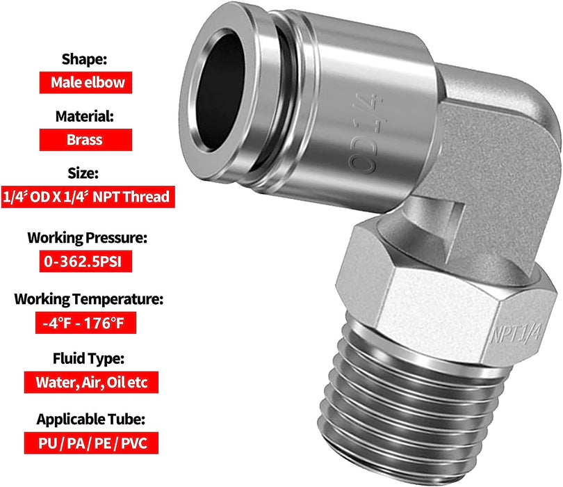 Push-To-Connect Tube to Tube Tube Fitting: Union Elbow, 1/4 OD