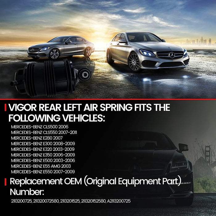 VIGOR Rear Air Suspension Spring Bag without ADS Compatible with 2003-2010 Benz E-Class W211 E320 E350 E500 E55 AMG Car Air Springs OEM Replace Part Number 2113200925, 211320092580